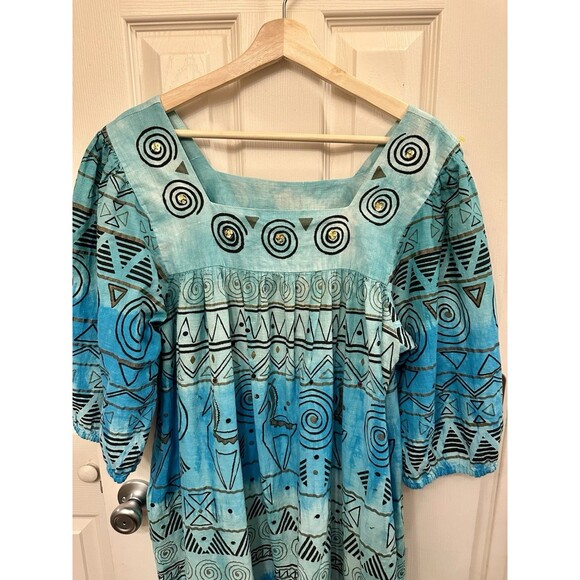 Vintage 60s 70s Ramona Rull‎ 100% Cotton Western Teal Boho Maxi Dress Kaftan 1X - Picture 2 of 11